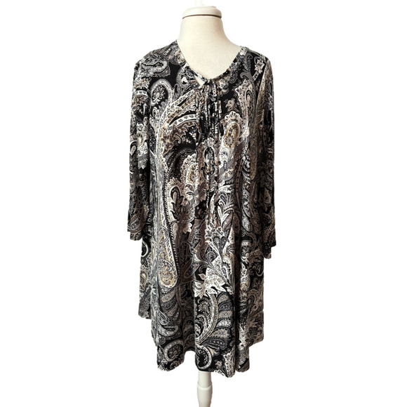 Women's 2X  Boho Paisley Lace Up V Comfy Tunic Dress Timeless Classic Stretch - Picture 1 of 7